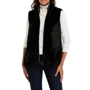 Crown & Ivy XS Black Faux Fur Long Vest Sleeveless Cozy Layering Classic Chic